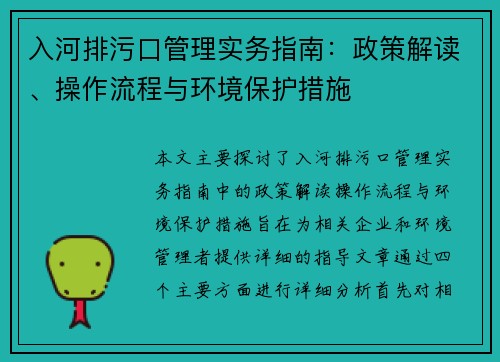 入河排污口管理实务指南：政策解读、操作流程与环境保护措施